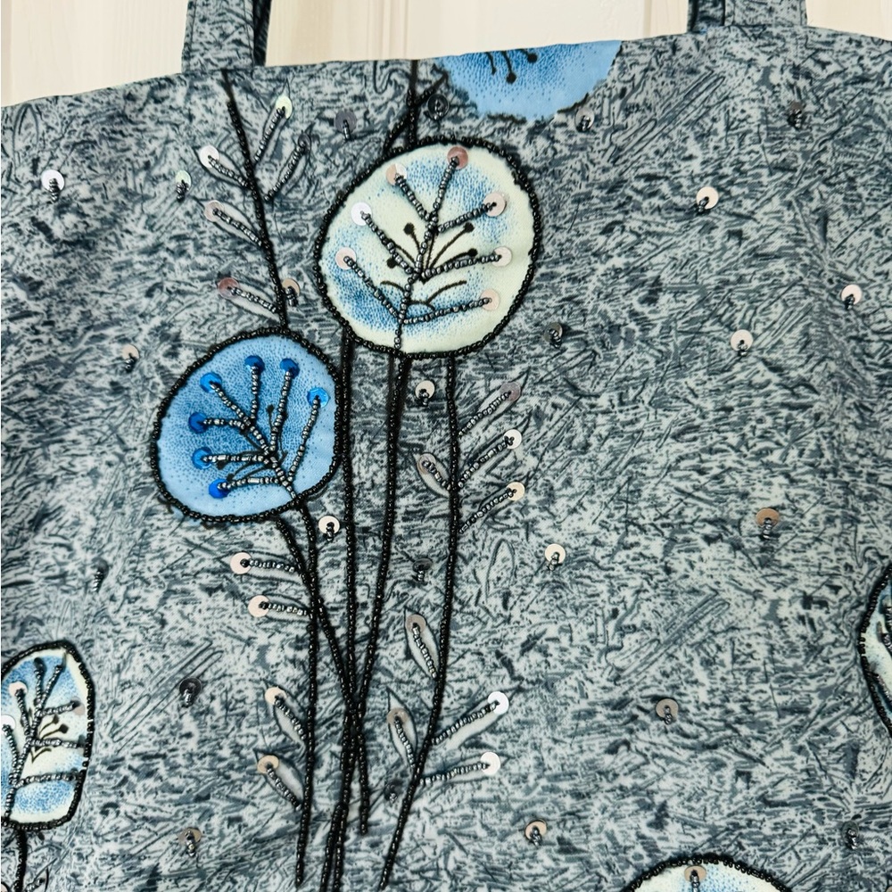 Beaded Blue Floral Tote Bag EUC whimsy abstract design - Picture 3 of 3